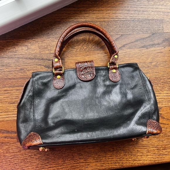 Brahmin Black & Brown Croc Trim Convertible Satchel Bag - Picture 3 of 6